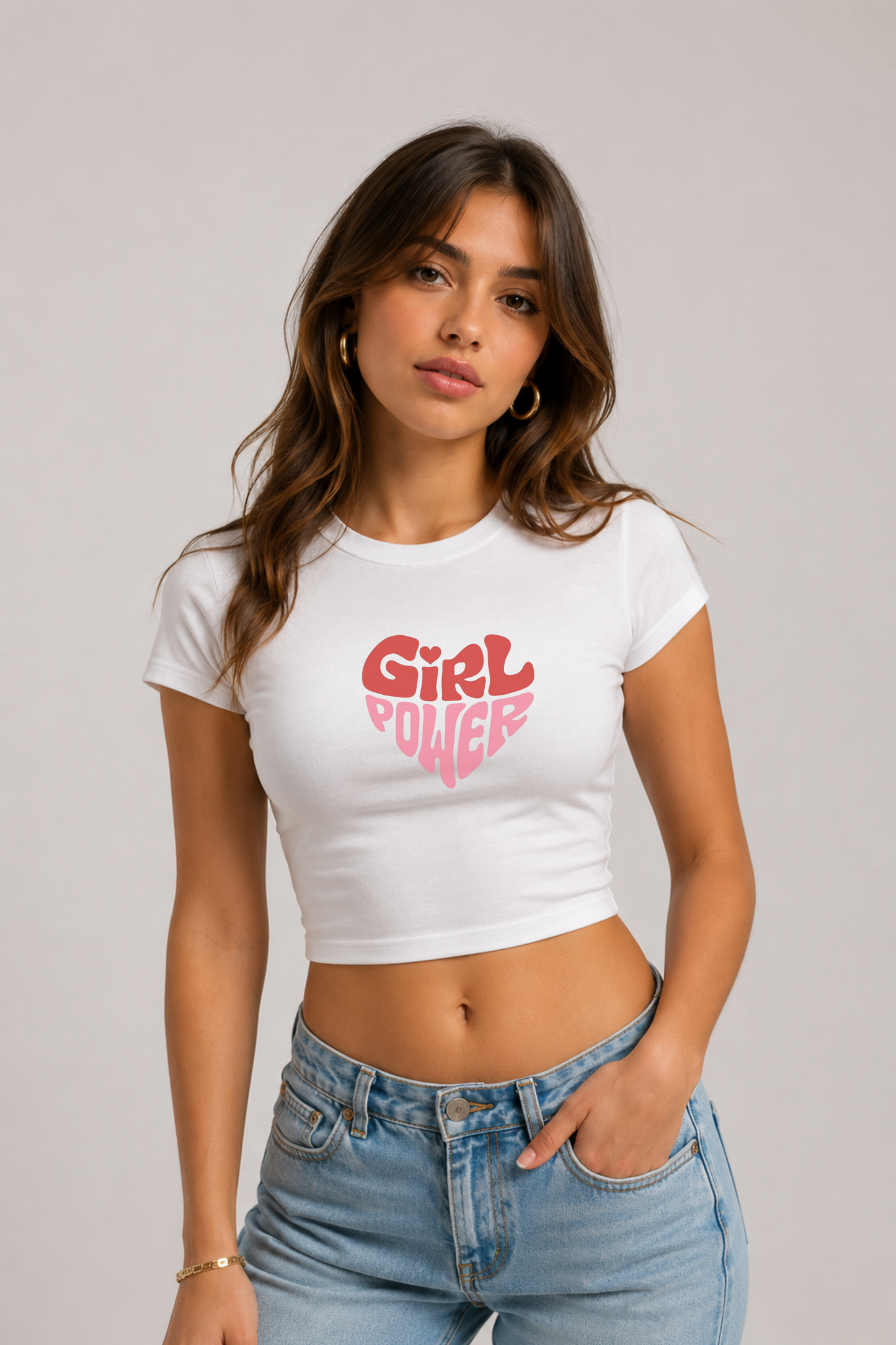 Girl Power Baskılı Siyah Kadın Crop Baby Tee