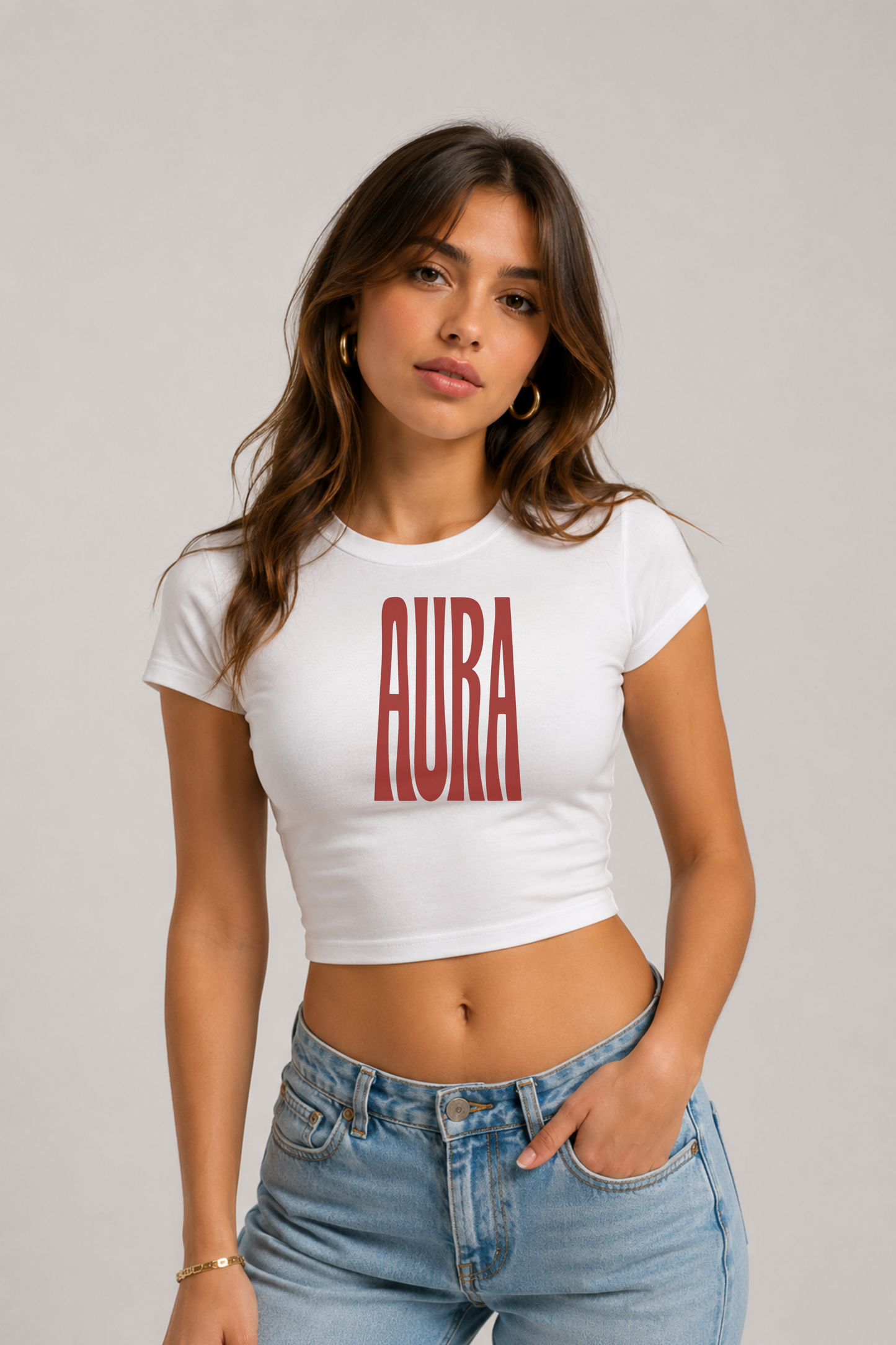 Aura Baskılı Kadın Crop Baby Tee