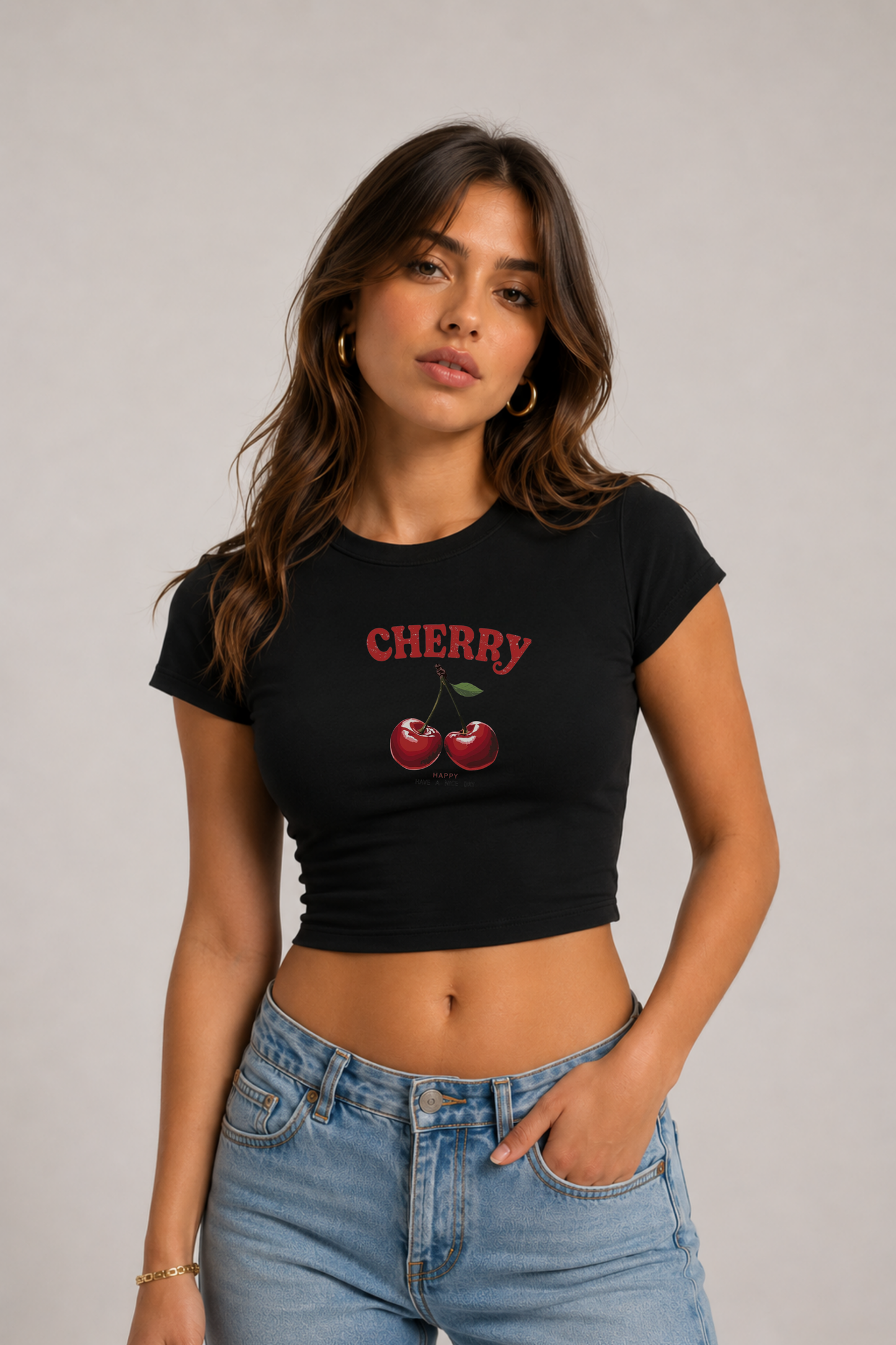 Cherry Baskılı Siyah Kadın Crop Baby Tee