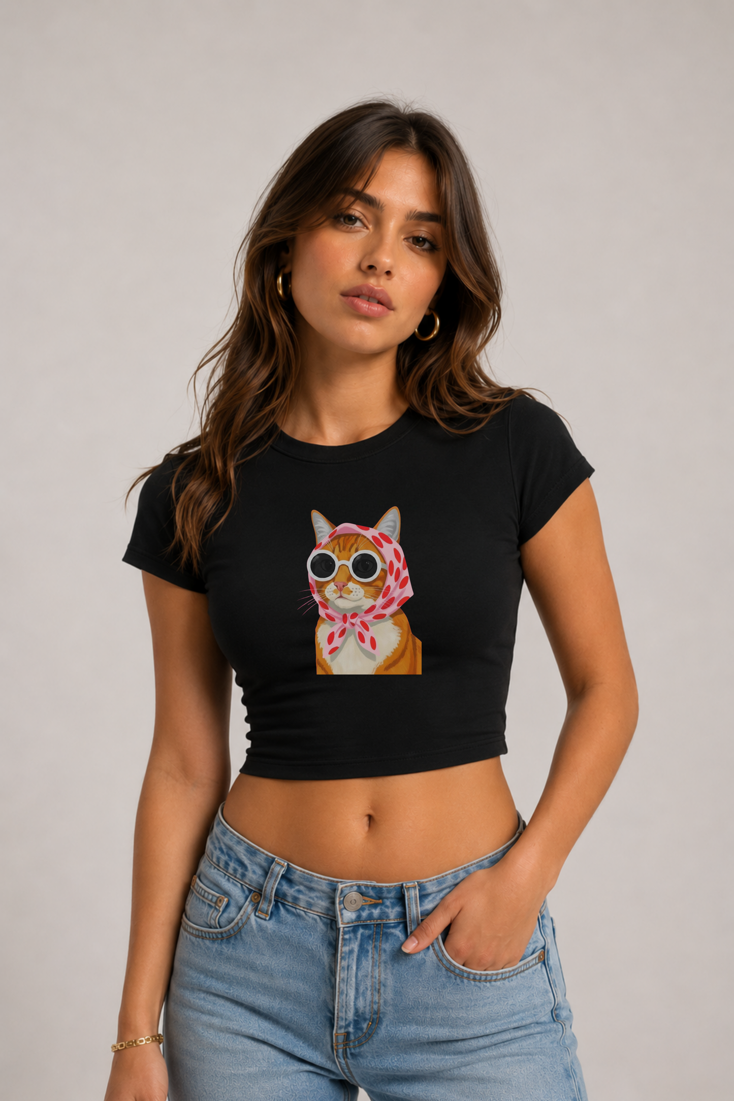 Gözlüklü Kedi Baskılı Kadın Crop Baby Tee