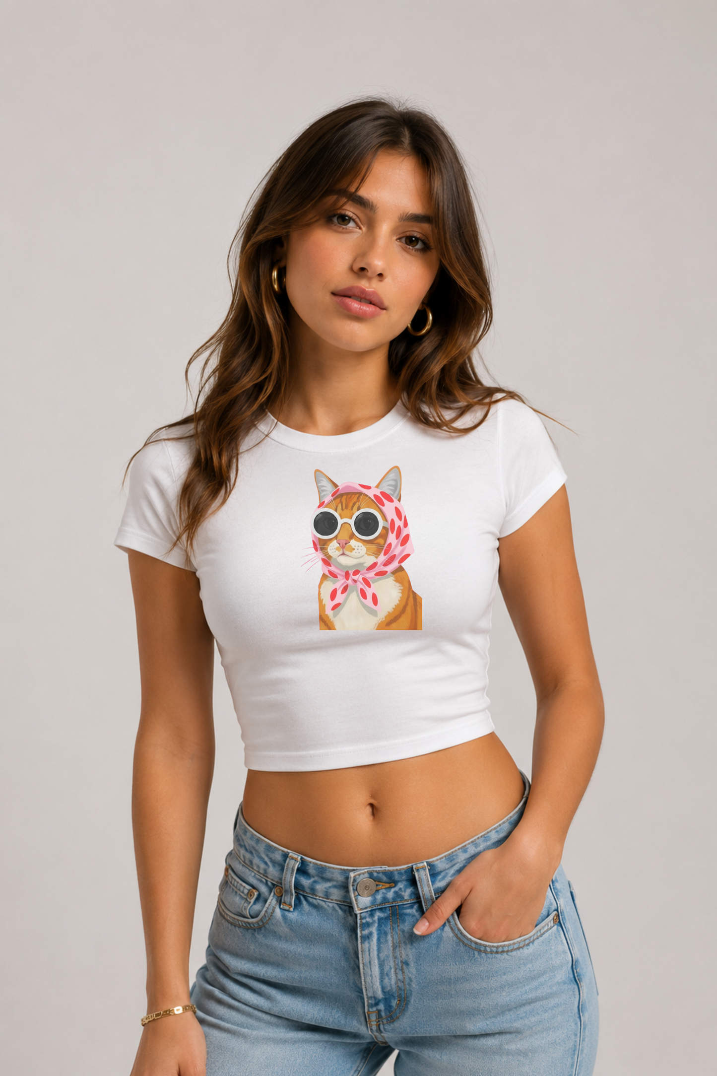 Gözlüklü Kedi Baskılı Kadın Crop Baby Tee