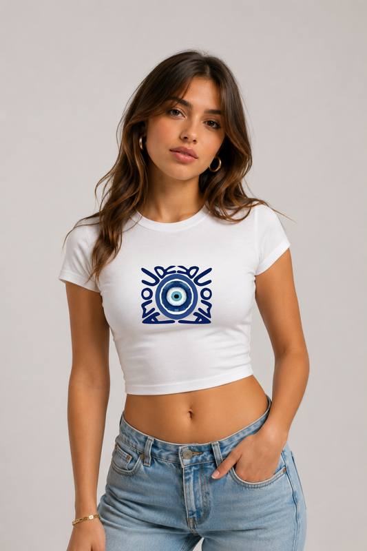 Nazar Boncuğu Baskılı Siyah Kadın Crop Baby Tee