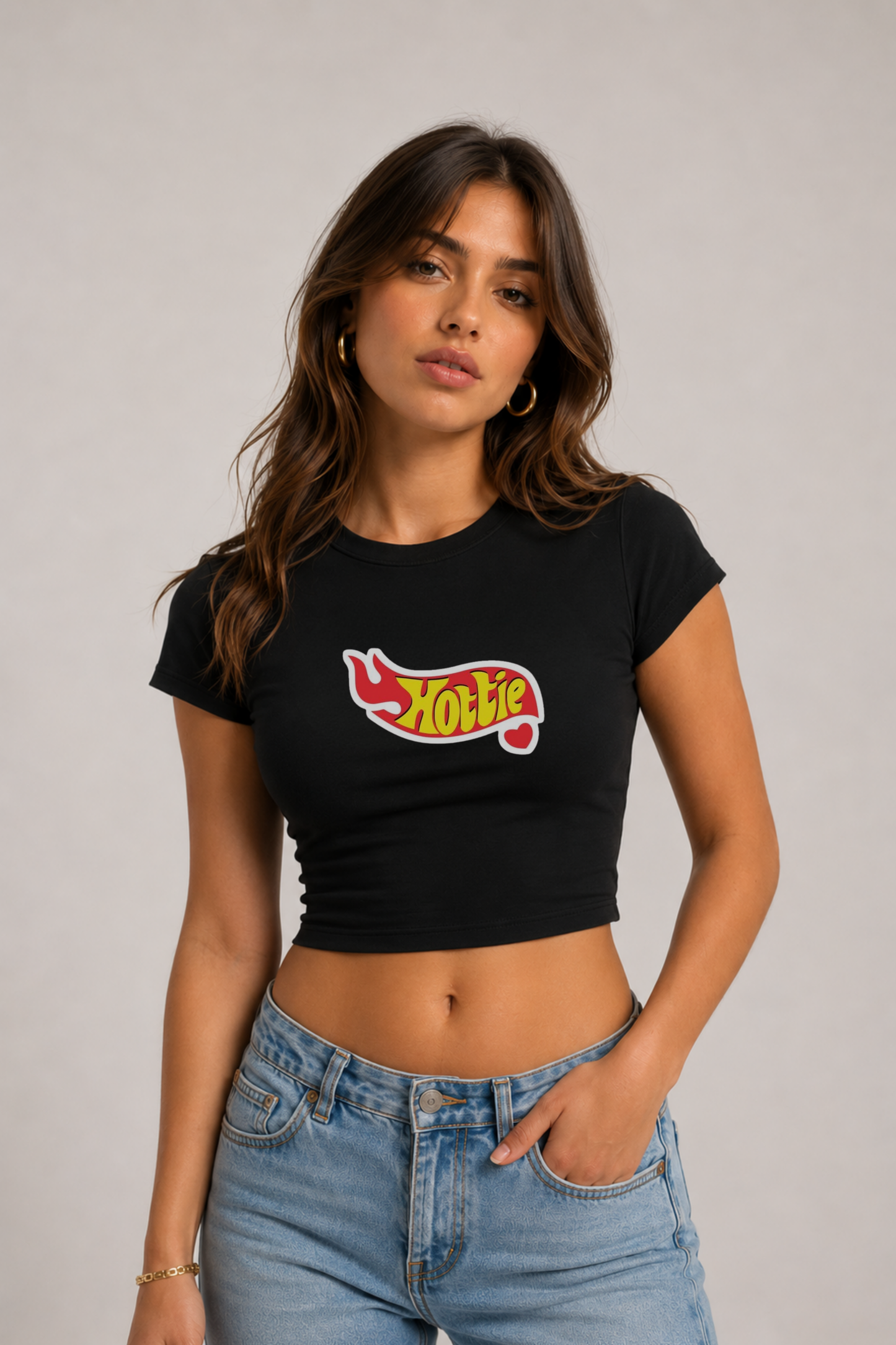 Hottie Baskılı Siyah Kadın Crop Baby Tee