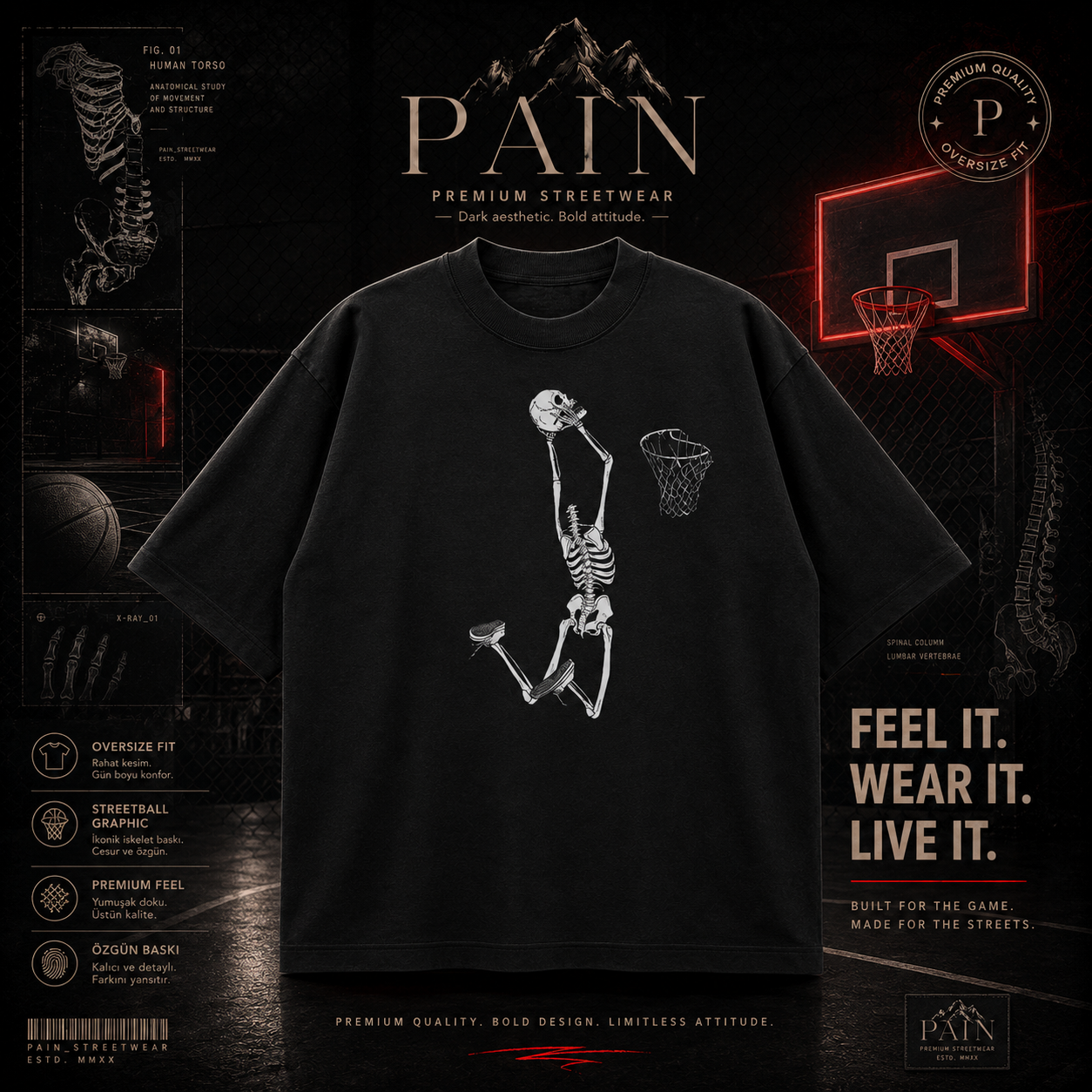 PAİN Skeleton Dunk Oversize Siyah Tişört – Basketbol Baskılı Premium Streetwear Unisex T-Shirt