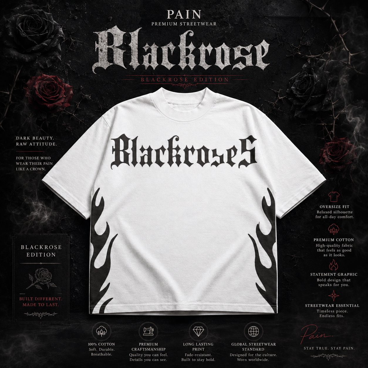 PAİN Blackrose Oversize Beyaz Tişört – Premium Streetwear Unisex Baskılı T-Shirt