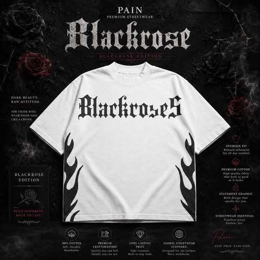 PAİN Blackrose Oversize Beyaz Tişört – Premium Streetwear Unisex Baskılı T-Shirt