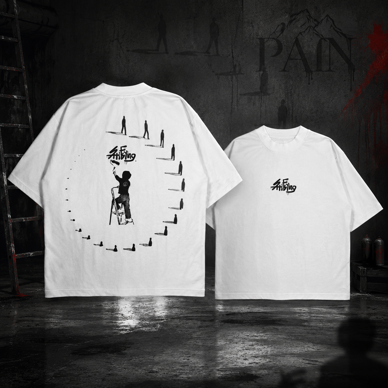 PAİN Shadow Circle Oversize Beyaz Tişört – Sırt Baskılı Premium Streetwear Unisex T-Shirt