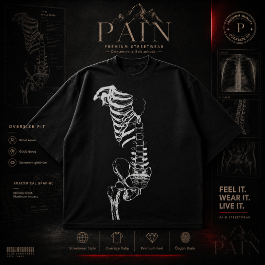 PAİN Anatomical Skeleton Oversize Siyah Tişört – Kemik Baskılı Premium Streetwear Unisex T-Shirt