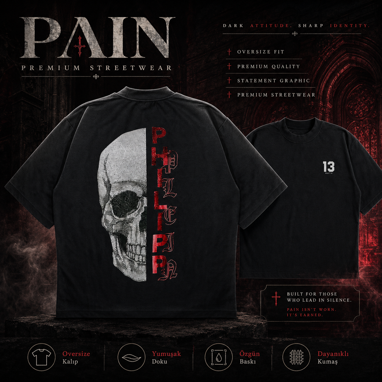 PAİN Philip Skull Oversize Siyah Tişört – Kuru Kafa Baskılı Premium Streetwear Unisex T-Shirt