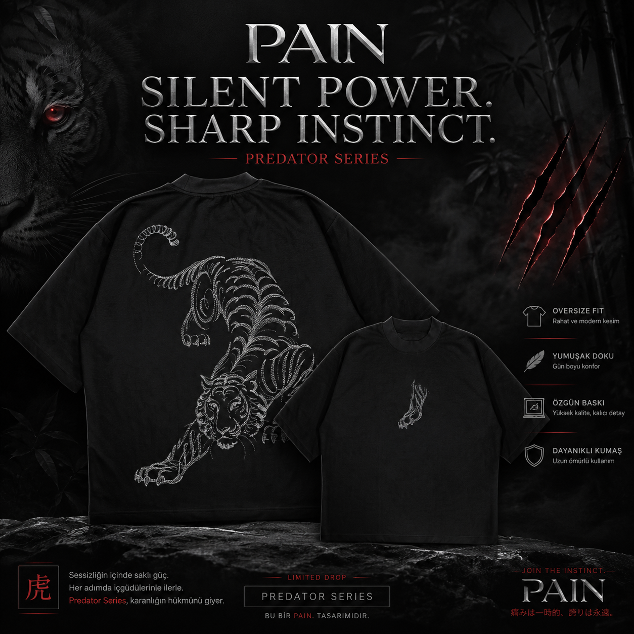 PAİN Silent Power Predator Series Oversize Siyah Tişört – Kaplan Baskılı Premium Streetwear Unisex T-Shirt
