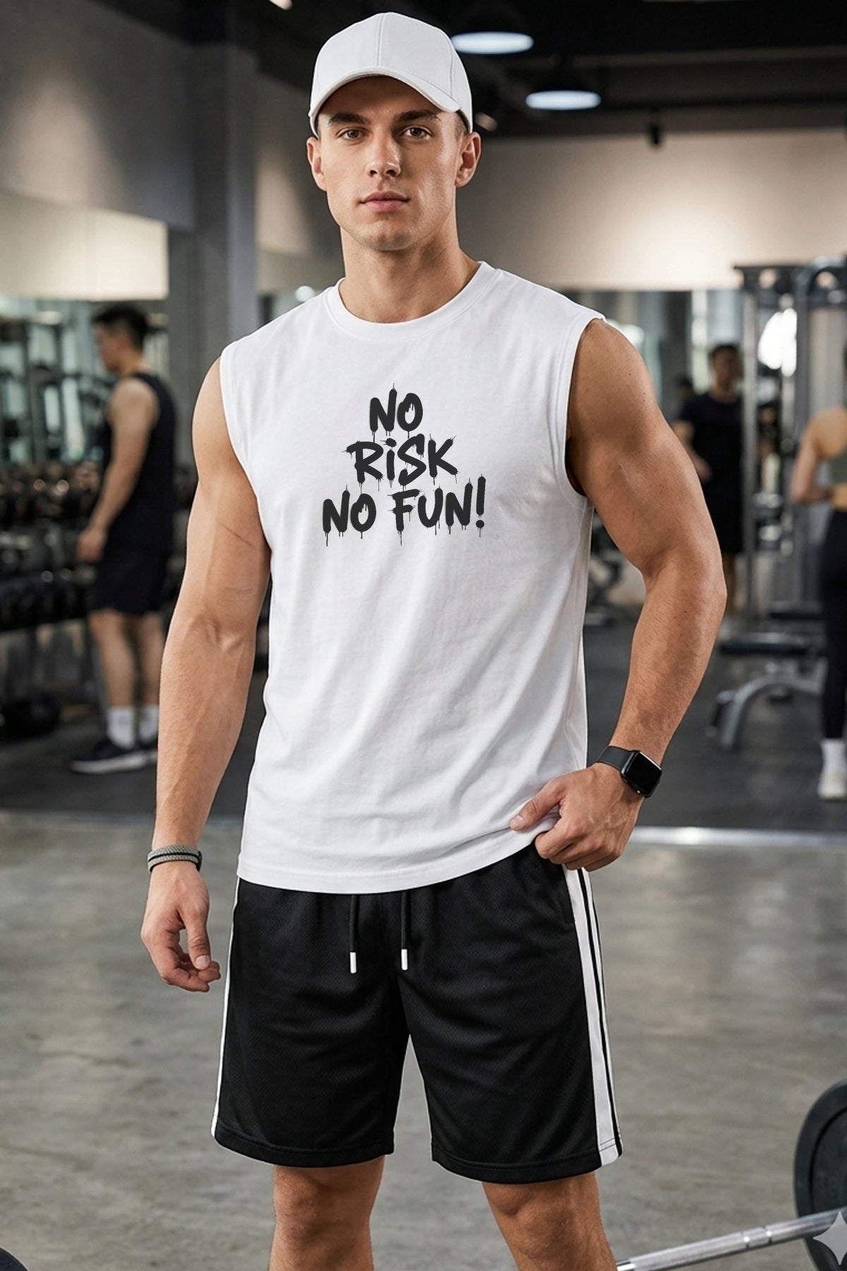 NO RİSK Baskılı Kolsuz Atlet Tshirt Erkek Sıfır Kol Giyim Spor Giyim Oversize
